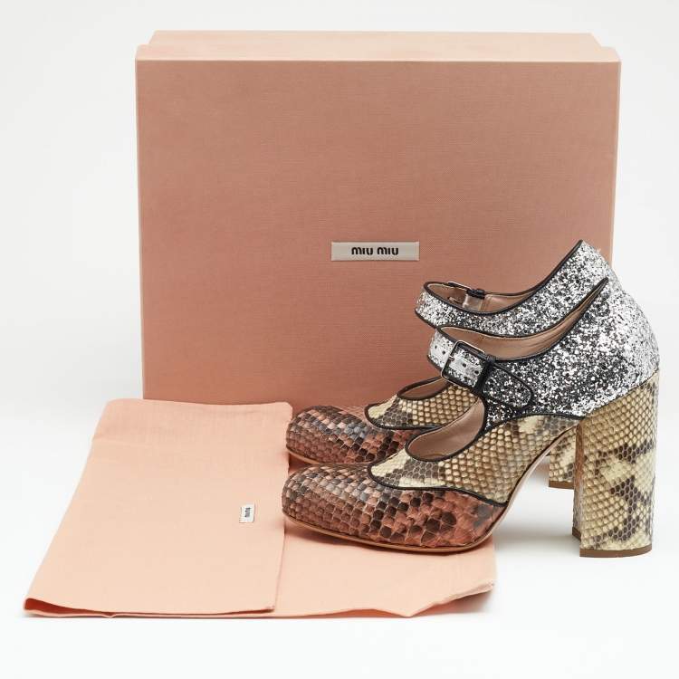 Pre Owned Miu Miu Multicolor Glitter and Python Mary Jane Block Heel Pumps Size 35