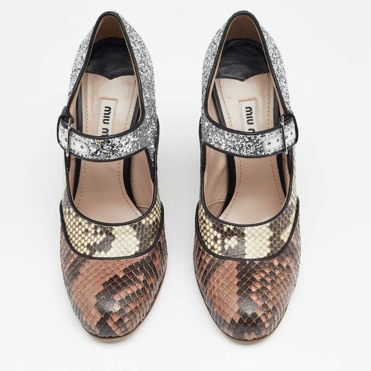 Pre Owned Miu Miu Multicolor Glitter and Python Mary Jane Block Heel Pumps Size 35
