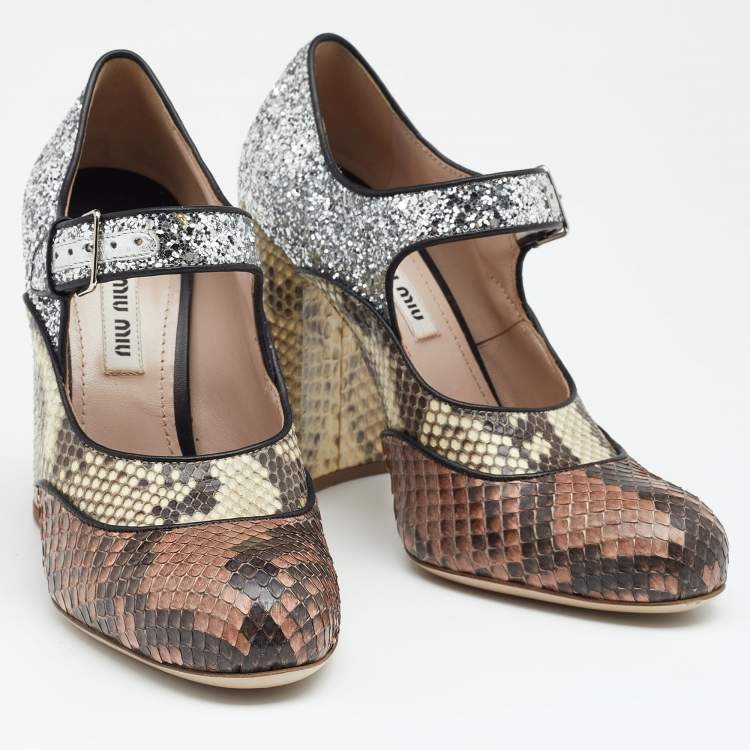 Pre Owned Miu Miu Multicolor Glitter and Python Mary Jane Block Heel Pumps Size 35
