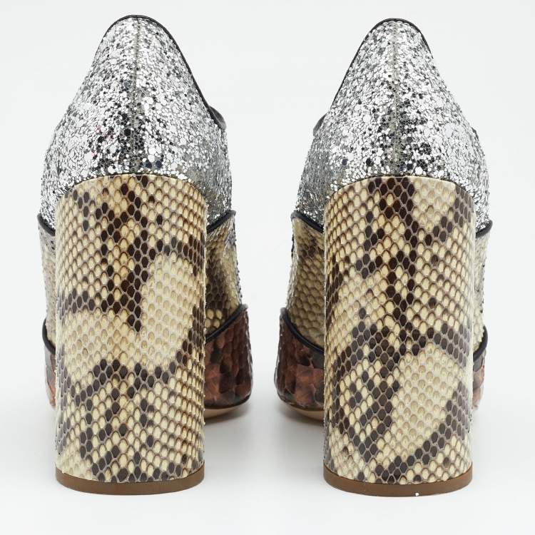 Pre Owned Miu Miu Multicolor Glitter and Python Mary Jane Block Heel Pumps Size 35
