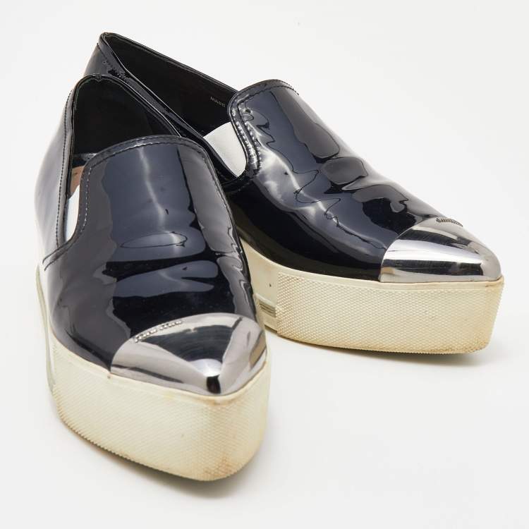 Pre Owned Miu Miu Black Patent Leather Metal Cap Pointed Toe Platform Slip On Sneakers Size 41
