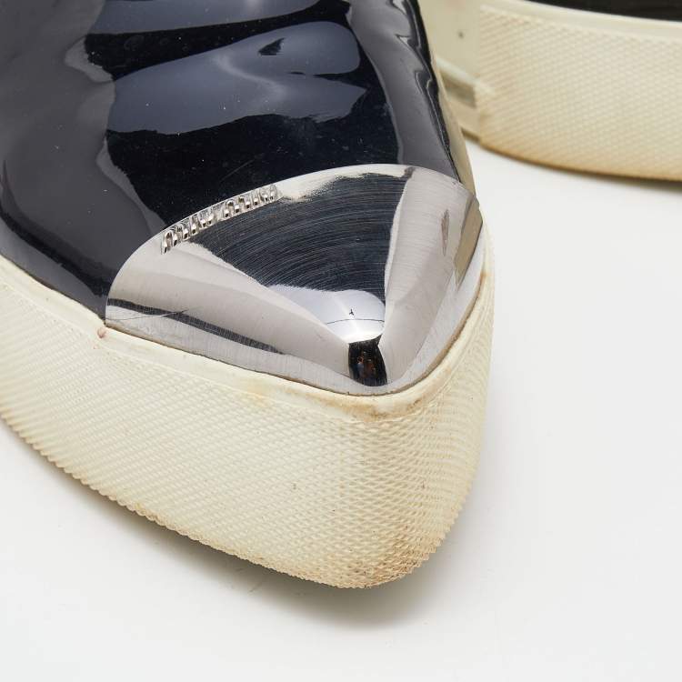 Pre Owned Miu Miu Black Patent Leather Metal Cap Pointed Toe Platform Slip On Sneakers Size 41