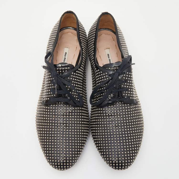 Pre Owned Miu Miu Black Studded Patent Leather Oxford Shoes Size 36