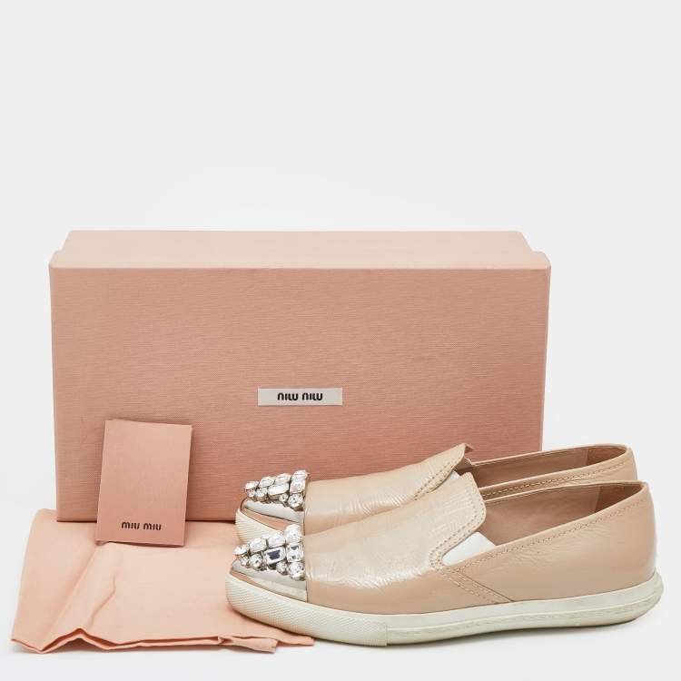 Pre Owned Miu Miu Beige Patent Leather Crystal Embellished Cap Toe Slip On Sneakers Size 36
