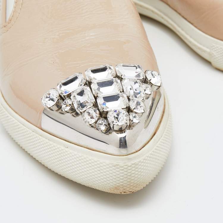 Pre Owned Miu Miu Beige Patent Leather Crystal Embellished Cap Toe Slip On Sneakers Size 36