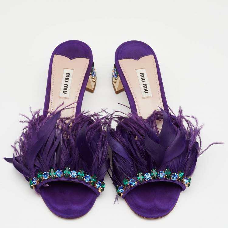 Pre Owned Miu Miu Purple Suede Feather Crystal Embellished Block Heel Slide Sandals Size 38.5