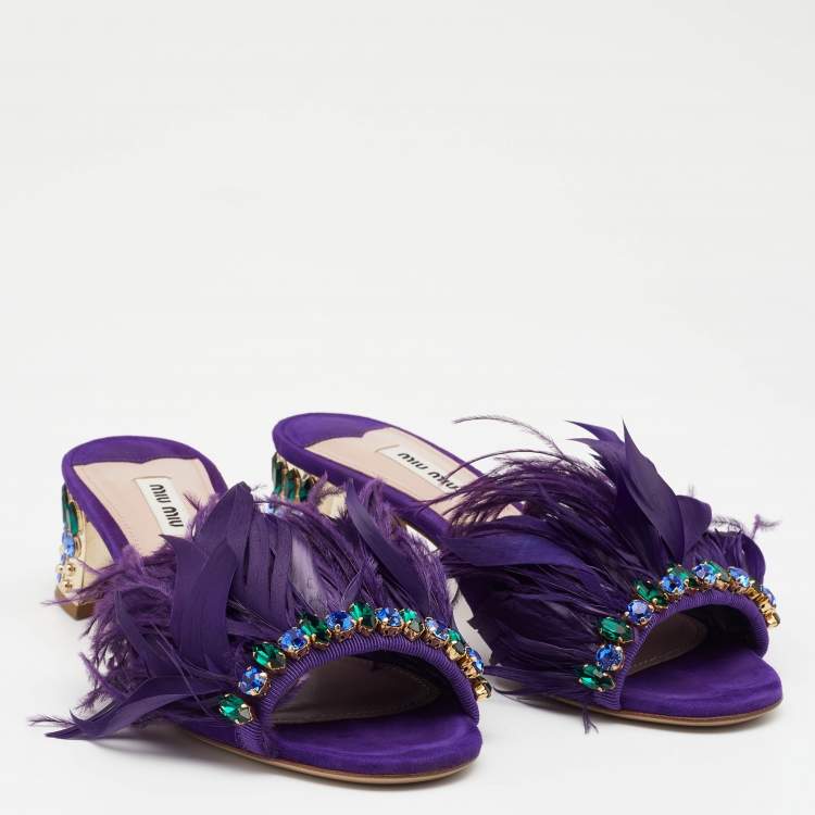 Pre Owned Miu Miu Purple Suede Feather Crystal Embellished Block Heel Slide Sandals Size 38.5