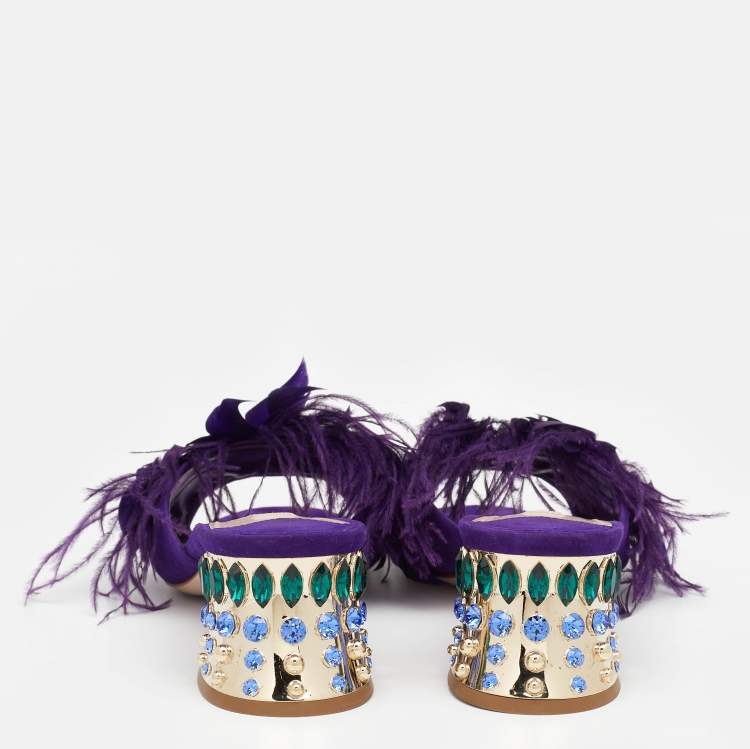 Pre Owned Miu Miu Purple Suede Feather Crystal Embellished Block Heel Slide Sandals Size 38.5