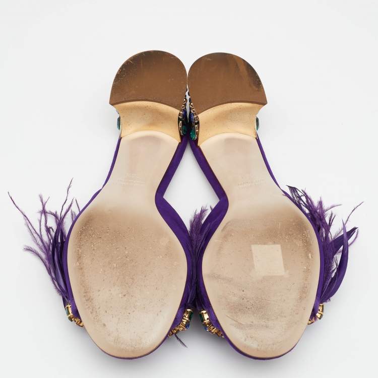 Pre Owned Miu Miu Purple Suede Feather Crystal Embellished Block Heel Slide Sandals Size 38.5