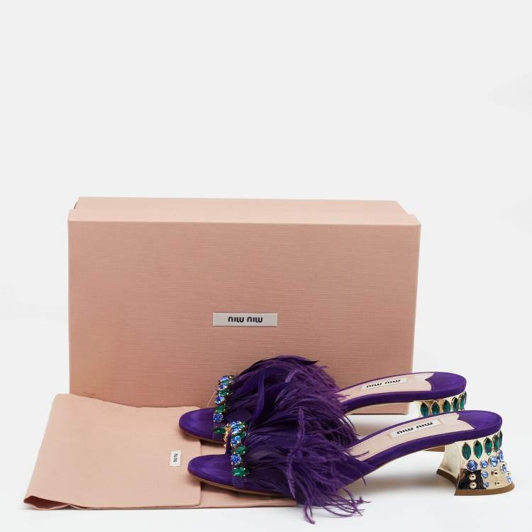 Pre Owned Miu Miu Purple Suede Feather Crystal Embellished Block Heel Slide Sandals Size 38.5