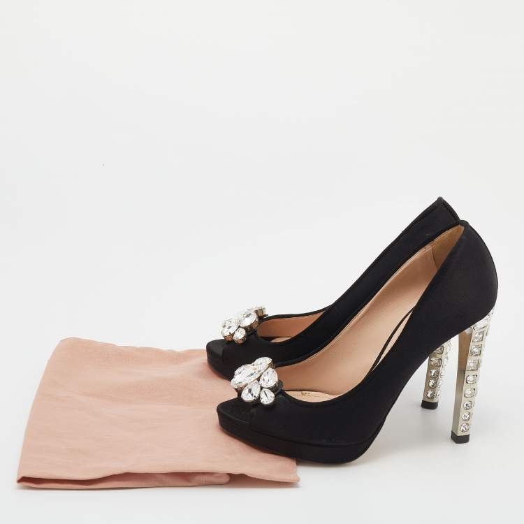 Pre Owned Miu Miu Black Satin Crystal Embellished Heel Peep Toe Platform Pumps Size 35.5