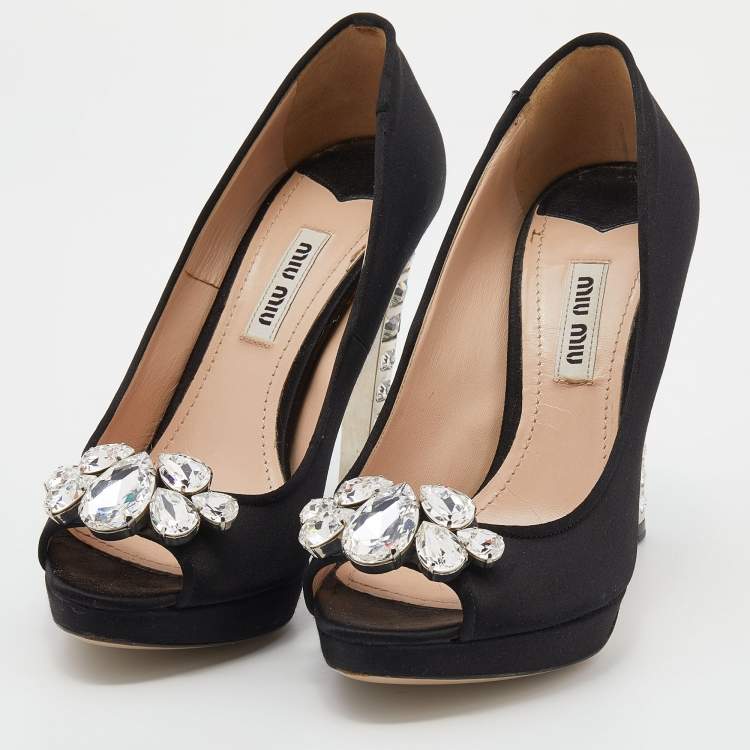 Pre Owned Miu Miu Black Satin Crystal Embellished Heel Peep Toe Platform Pumps Size 35.5