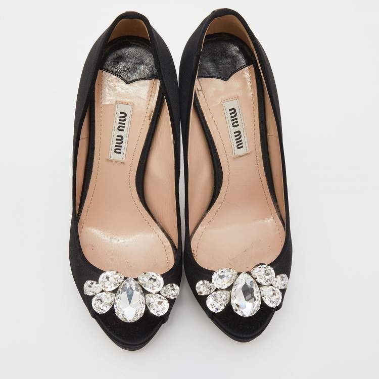 Pre Owned Miu Miu Black Satin Crystal Embellished Heel Peep Toe Platform Pumps Size 35.5