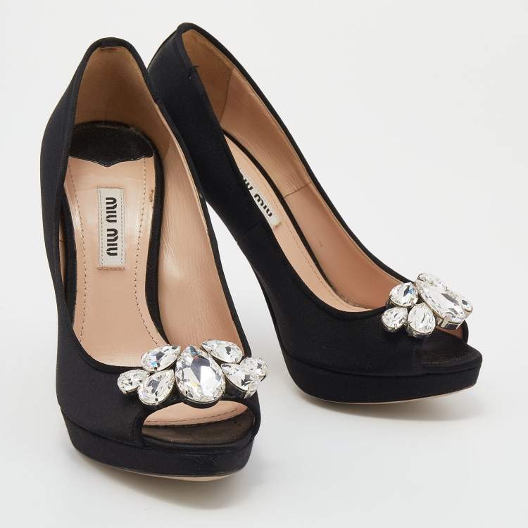 Pre Owned Miu Miu Black Satin Crystal Embellished Heel Peep Toe Platform Pumps Size 35.5