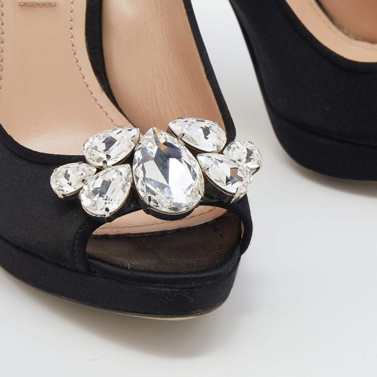 Pre Owned Miu Miu Black Satin Crystal Embellished Heel Peep Toe Platform Pumps Size 35.5