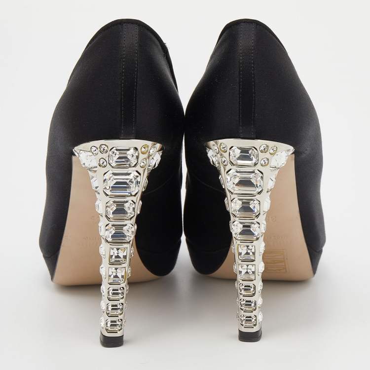 Pre Owned Miu Miu Black Satin Crystal Embellished Heel Peep Toe Platform Pumps Size 35.5