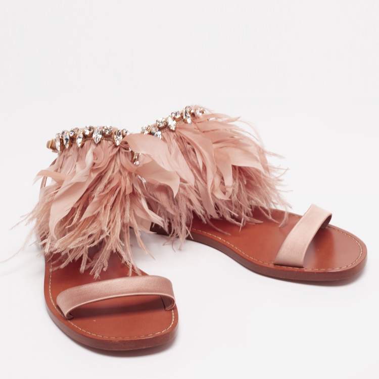 Pre Owned Miu Miu Beige Satin And Fur Crystal Embellished Ankle Cuff Flat Sandals Size 37.5