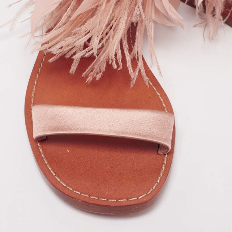 Pre Owned Miu Miu Beige Satin And Fur Crystal Embellished Ankle Cuff Flat Sandals Size 37.5