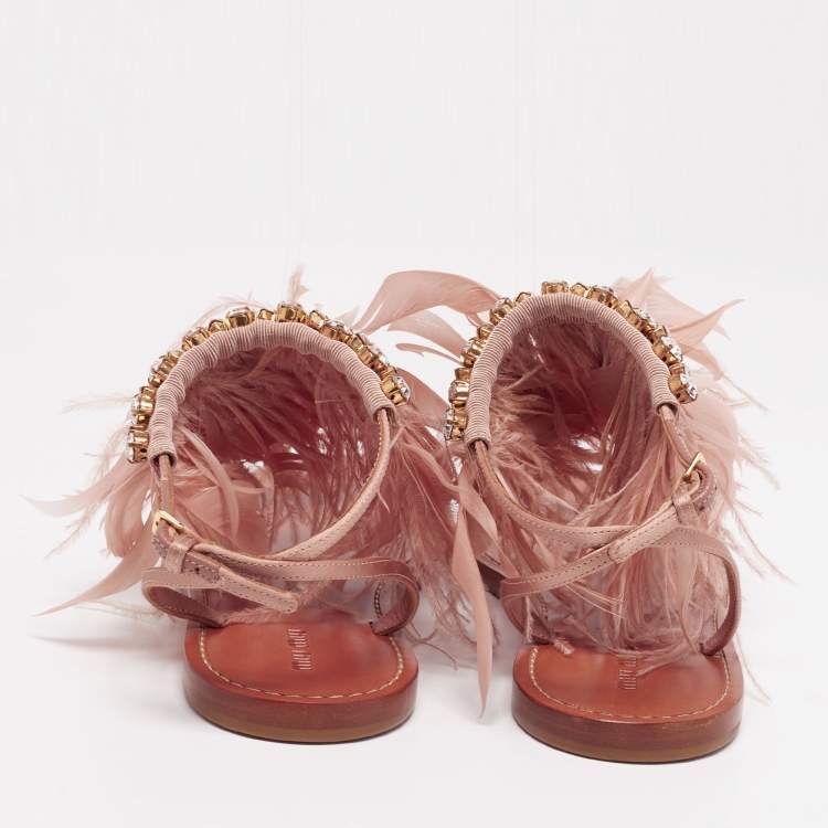 Pre Owned Miu Miu Beige Satin And Fur Crystal Embellished Ankle Cuff Flat Sandals Size 37.5