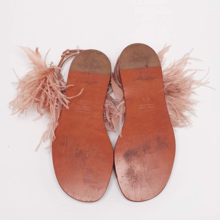 Pre Owned Miu Miu Beige Satin And Fur Crystal Embellished Ankle Cuff Flat Sandals Size 37.5