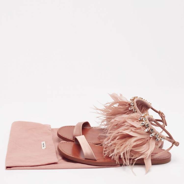 Pre Owned Miu Miu Beige Satin And Fur Crystal Embellished Ankle Cuff Flat Sandals Size 37.5