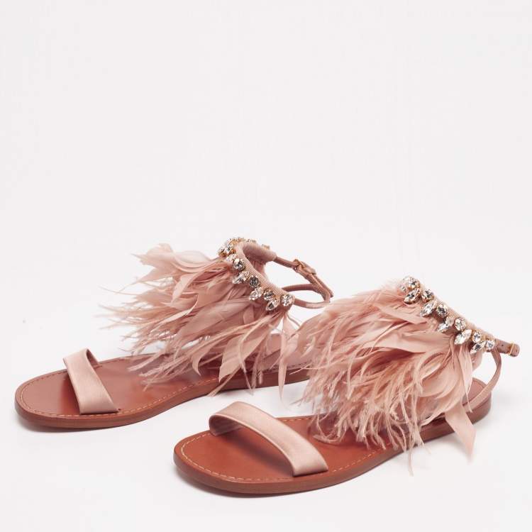 Pre Owned Miu Miu Beige Satin And Fur Crystal Embellished Ankle Cuff Flat Sandals Size 37.5