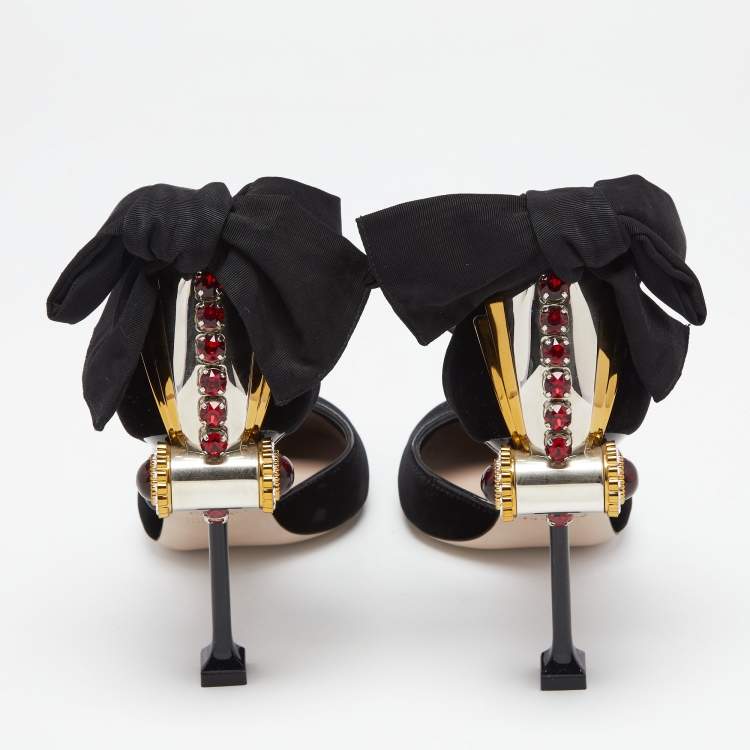 Pre Owned Miu Miu Black Velvet Crystal Embellished Heel Bow Ankle Strap Sandals Size 37.5