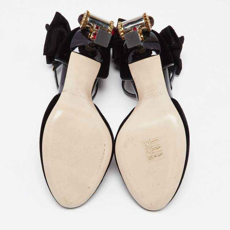 Pre Owned Miu Miu Black Velvet Crystal Embellished Heel Bow Ankle Strap Sandals Size 37.5