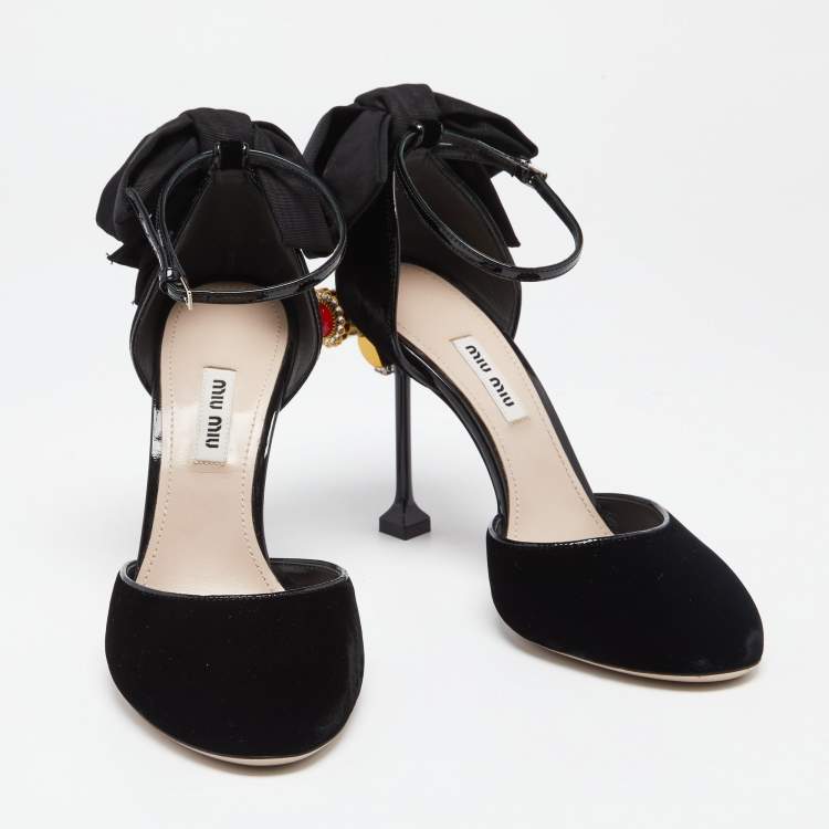 Pre Owned Miu Miu Black Velvet Crystal Embellished Heel Bow Ankle Strap Sandals Size 37.5