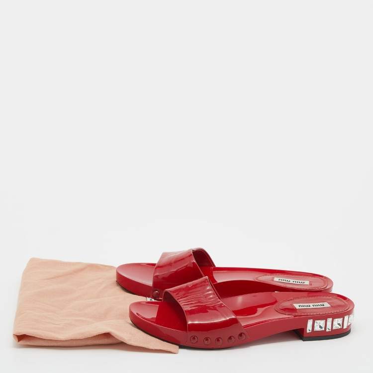 Pre Owned Miu Miu Red Patent Leather Crystal Embellished Heel Slide Sandals Size 37.5