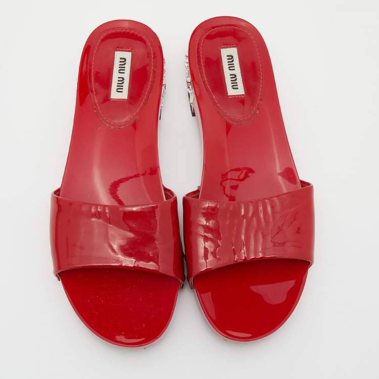 Pre Owned Miu Miu Red Patent Leather Crystal Embellished Heel Slide Sandals Size 37.5