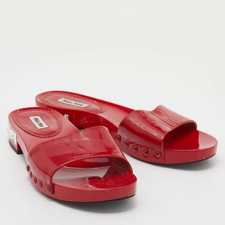 Pre Owned Miu Miu Red Patent Leather Crystal Embellished Heel Slide Sandals Size 37.5