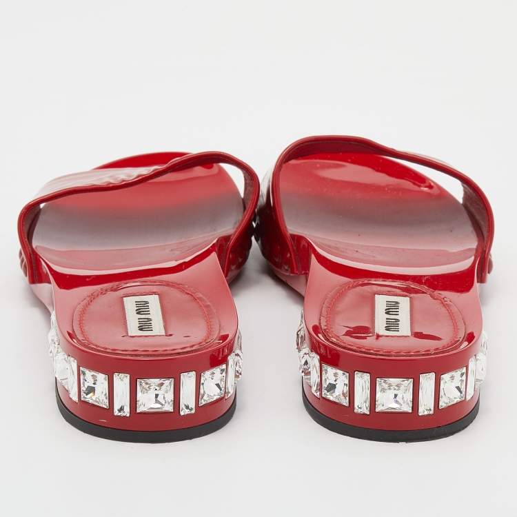Pre Owned Miu Miu Red Patent Leather Crystal Embellished Heel Slide Sandals Size 37.5