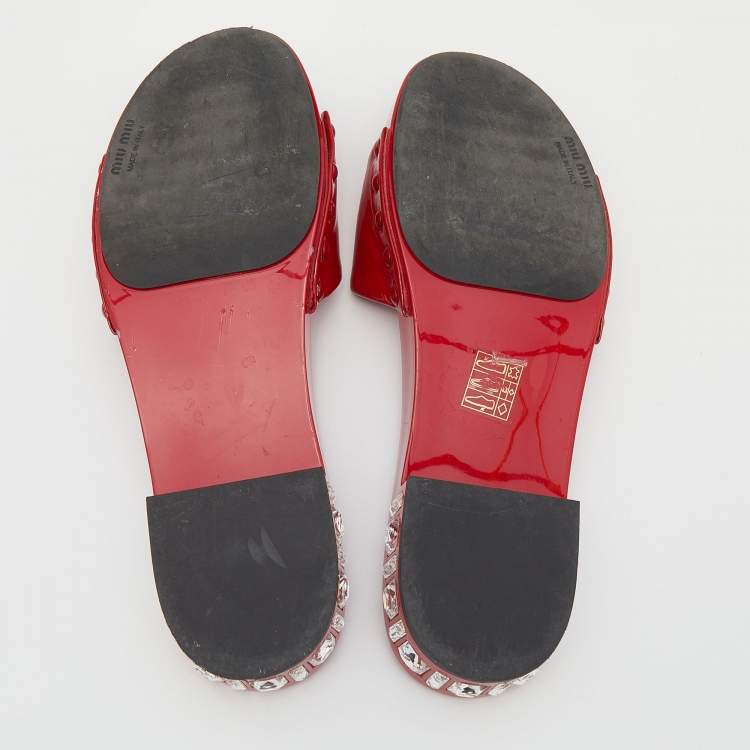 Pre Owned Miu Miu Red Patent Leather Crystal Embellished Heel Slide Sandals Size 37.5