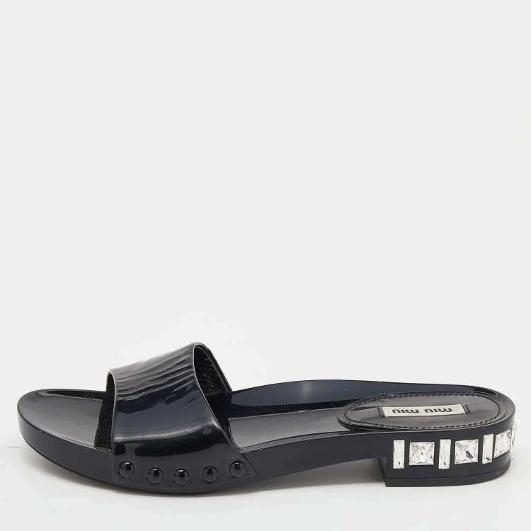 Pre Owned Miu Miu Black Patent Leather Crystal Embellished Heel Slide Sandals Size 37.5