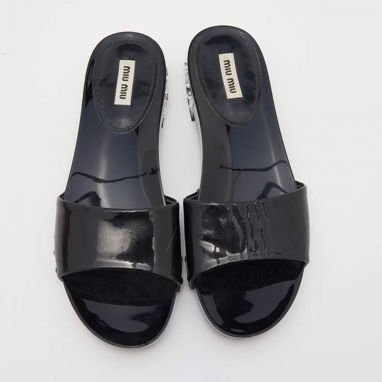Pre Owned Miu Miu Black Patent Leather Crystal Embellished Heel Slide Sandals Size 37.5