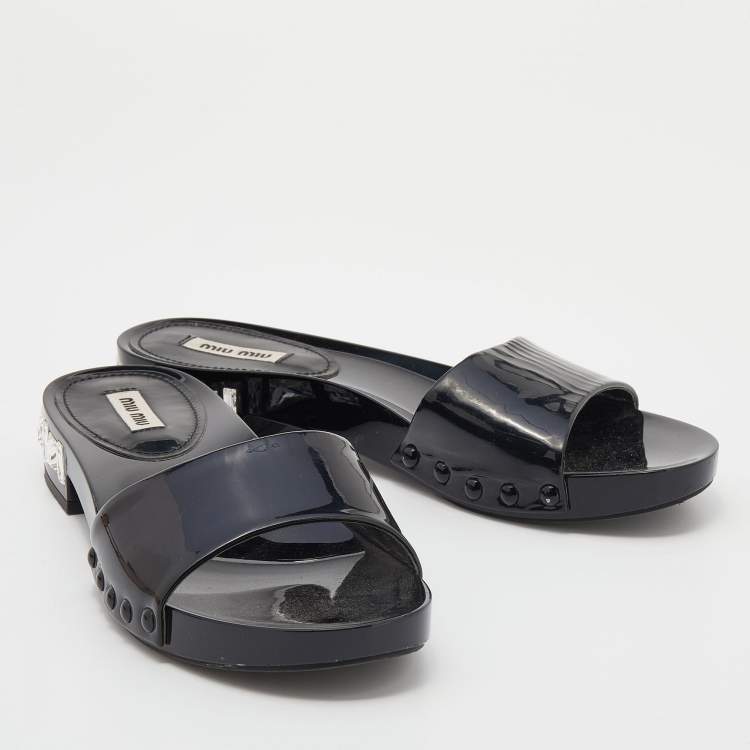 Pre Owned Miu Miu Black Patent Leather Crystal Embellished Heel Slide Sandals Size 37.5