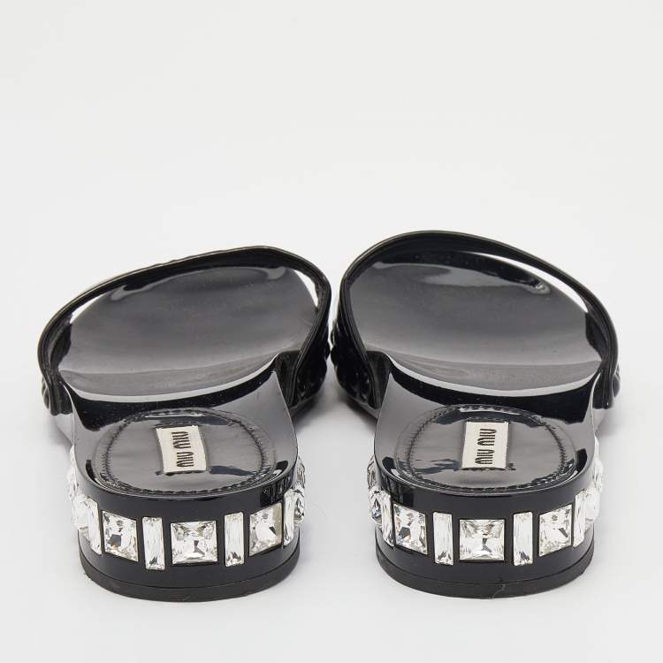 Pre Owned Miu Miu Black Patent Leather Crystal Embellished Heel Slide Sandals Size 37.5
