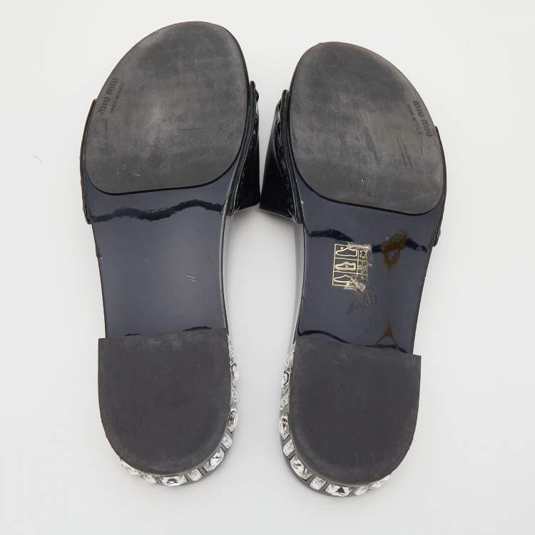 Pre Owned Miu Miu Black Patent Leather Crystal Embellished Heel Slide Sandals Size 37.5