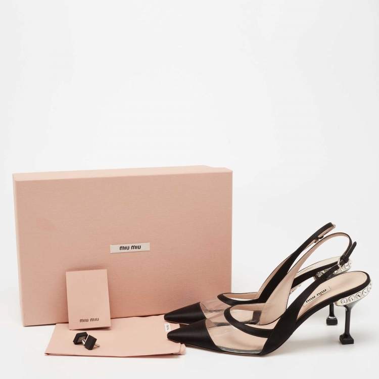 مملوكة مسبقًا Miu Miu Black Satin And PVC Crystal Embellished Slingback Pumps Size 39