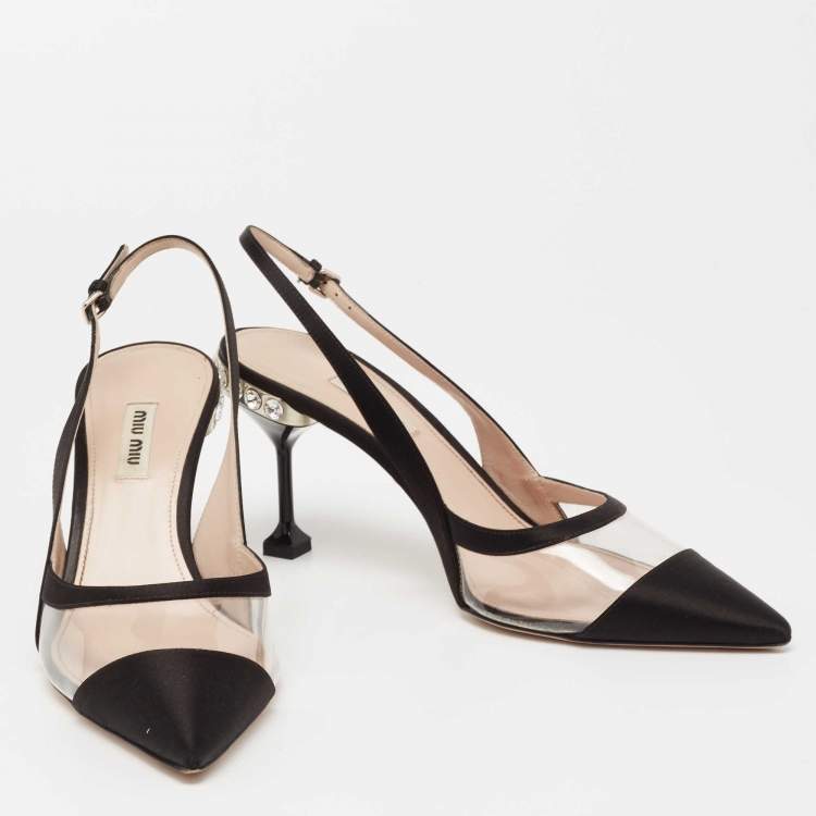 مملوكة مسبقًا Miu Miu Black Satin And PVC Crystal Embellished Slingback Pumps Size 39