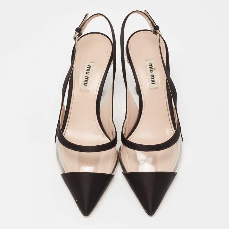 مملوكة مسبقًا Miu Miu Black Satin And PVC Crystal Embellished Slingback Pumps Size 39