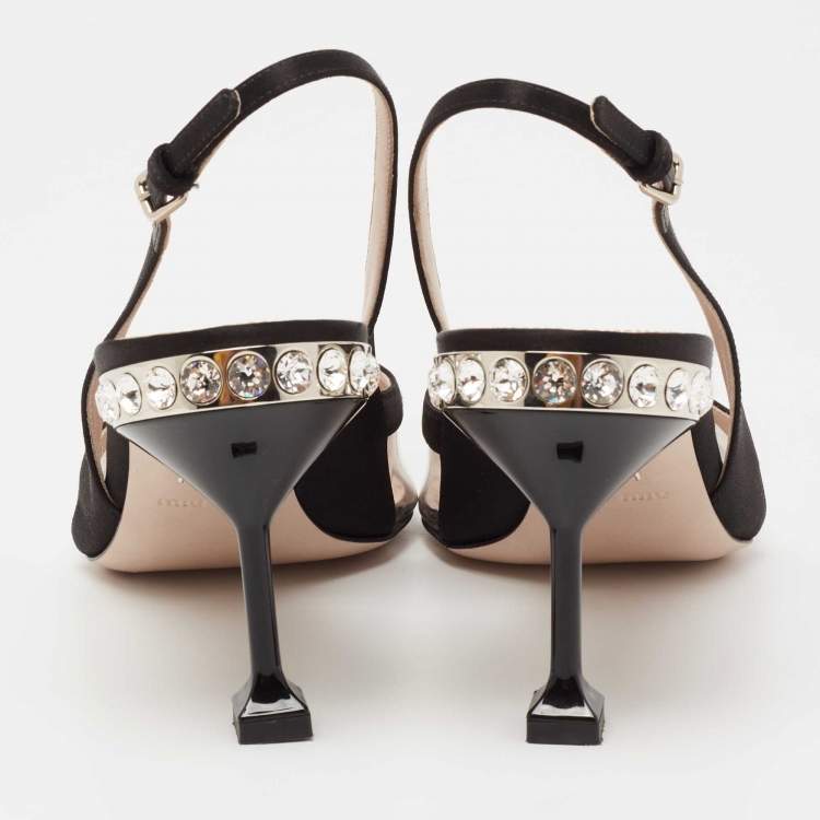 مملوكة مسبقًا Miu Miu Black Satin And PVC Crystal Embellished Slingback Pumps Size 39