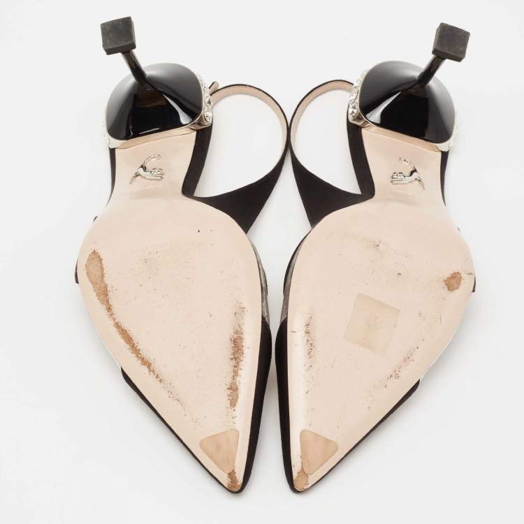 مملوكة مسبقًا Miu Miu Black Satin And PVC Crystal Embellished Slingback Pumps Size 39