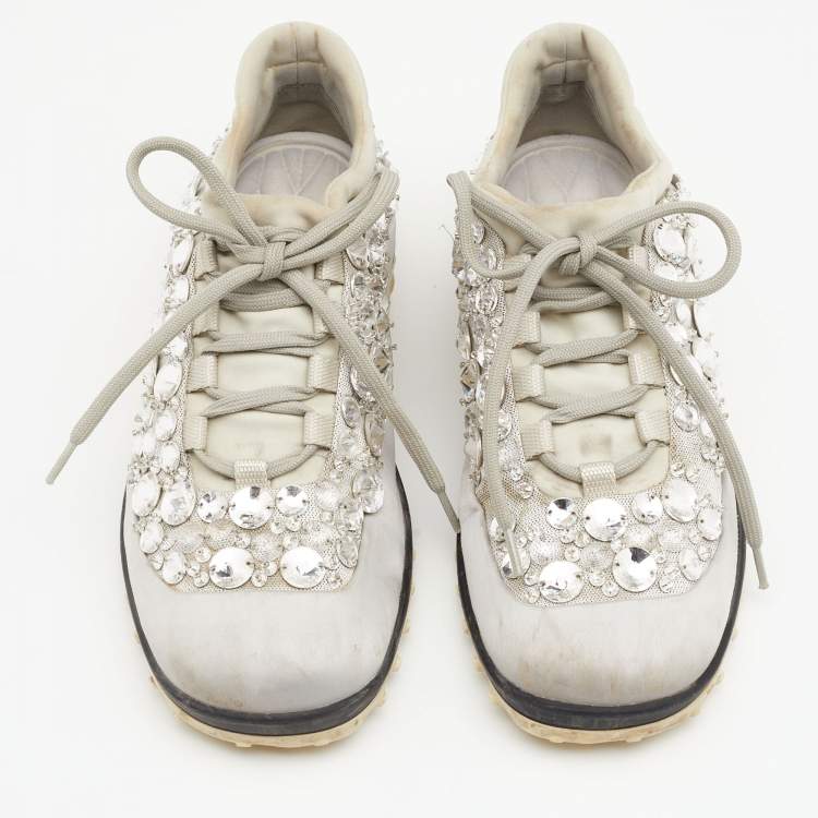 Pre Owned Miu Miu Grey Satin And Stretch Fabric Astro Crystal Embellished Low Top Sneakers Size 36