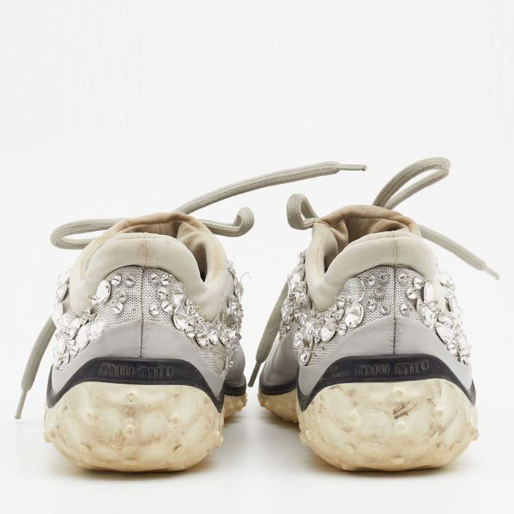 Pre Owned Miu Miu Grey Satin And Stretch Fabric Astro Crystal Embellished Low Top Sneakers Size 36