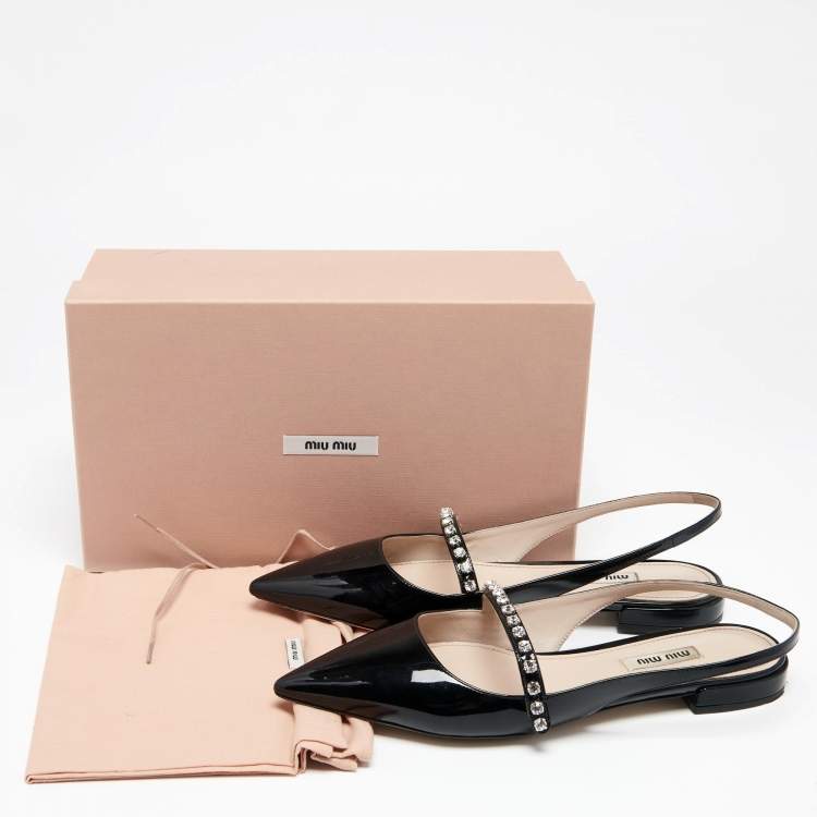 Pre Owned Miu Miu Black Patent Leather Slingback Crystal Embellished Mary Jane Flats Size 39