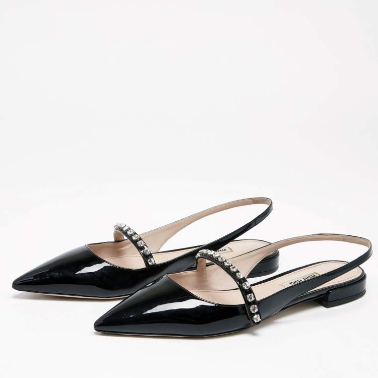 Pre Owned Miu Miu Black Patent Leather Slingback Crystal Embellished Mary Jane Flats Size 39