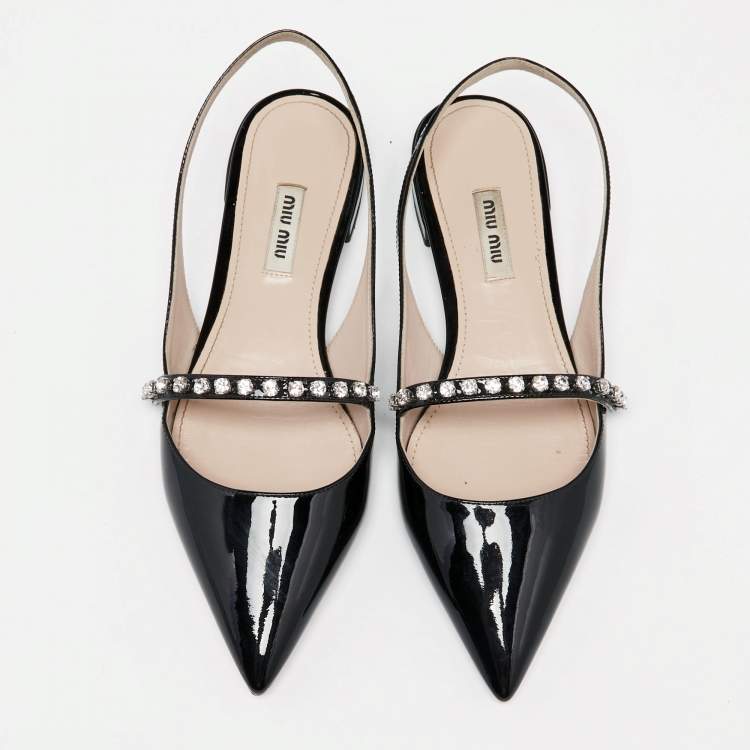 Pre Owned Miu Miu Black Patent Leather Slingback Crystal Embellished Mary Jane Flats Size 39