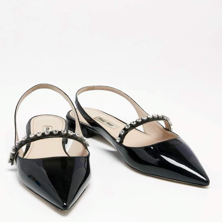 Pre Owned Miu Miu Black Patent Leather Slingback Crystal Embellished Mary Jane Flats Size 39